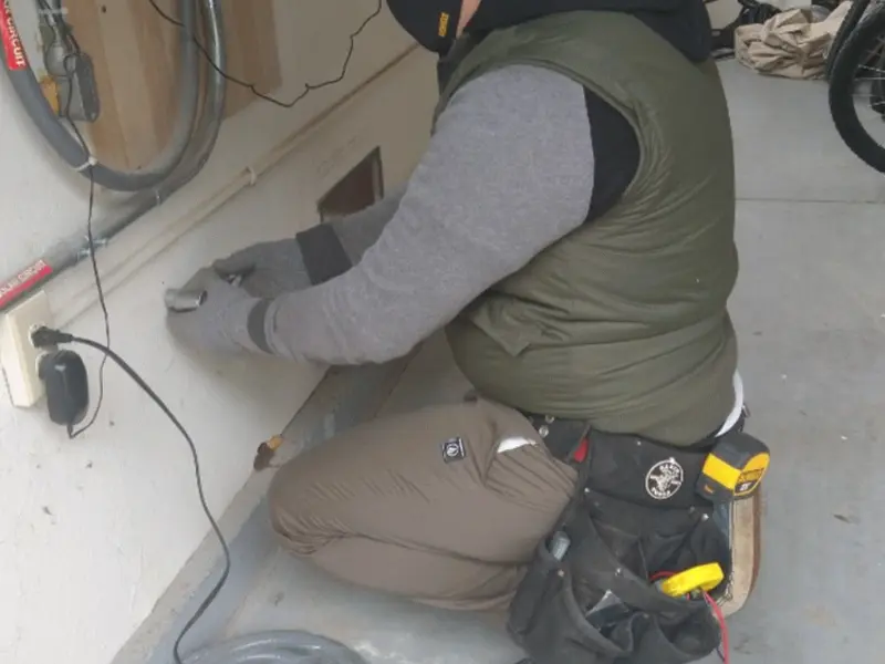 Electrician performing outlet wiring in a Merriam garage